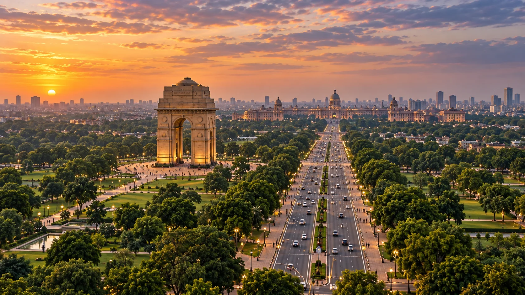 India Gate and central Delhi skyline