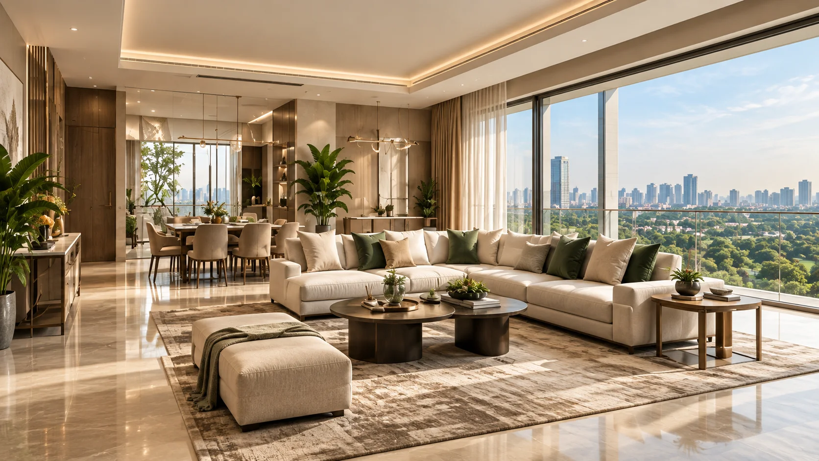 Luxury living room with panoramic skyline views