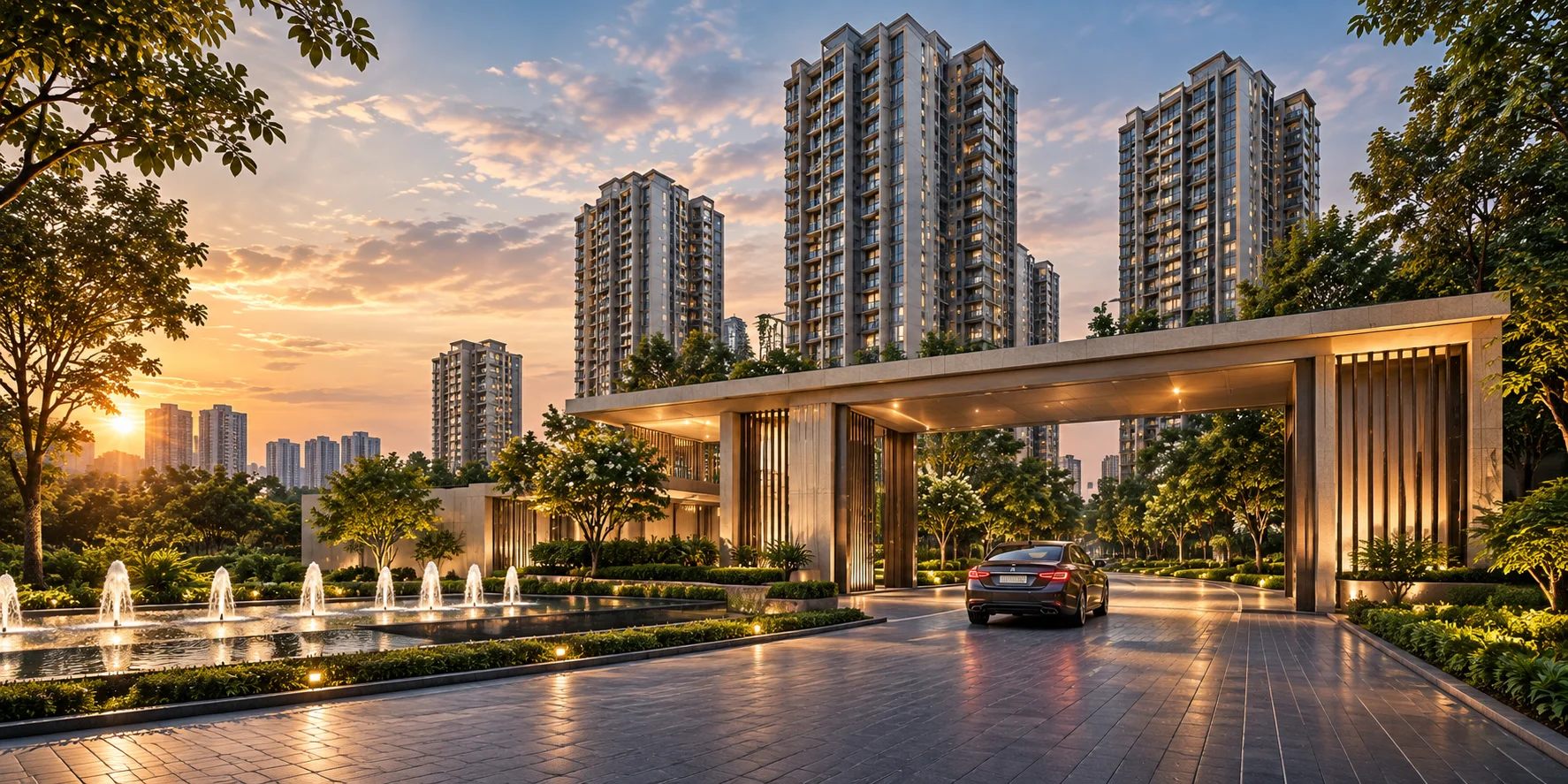 Premium residential entrance with landscaped towers
