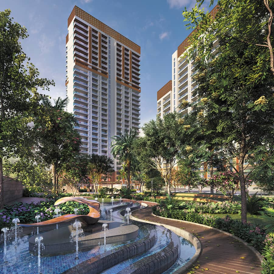 Godrej South Estate landscaped podium and fountain